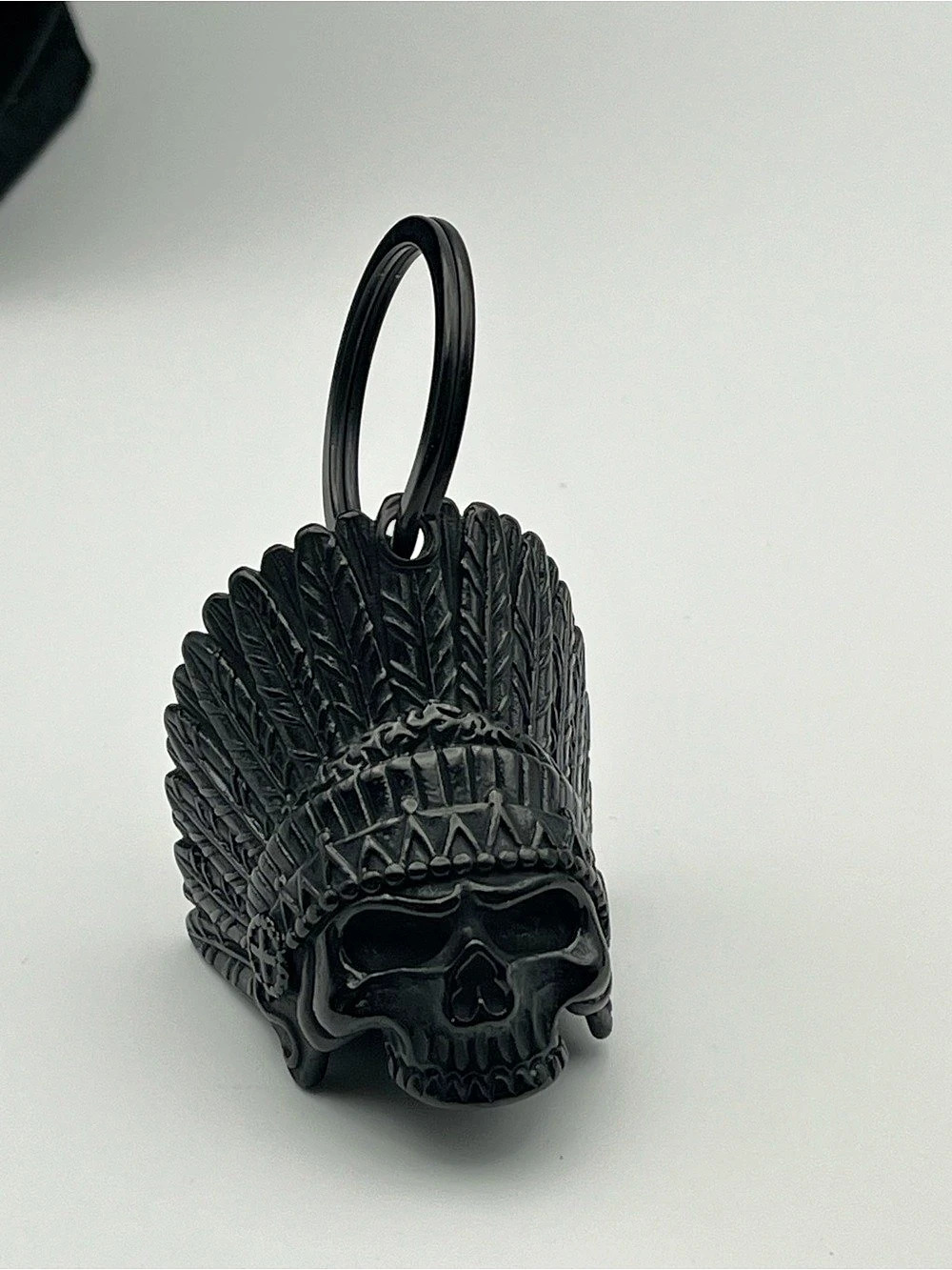 Stainless Steel Skull Headdress Biker Bell/Keychain in Black